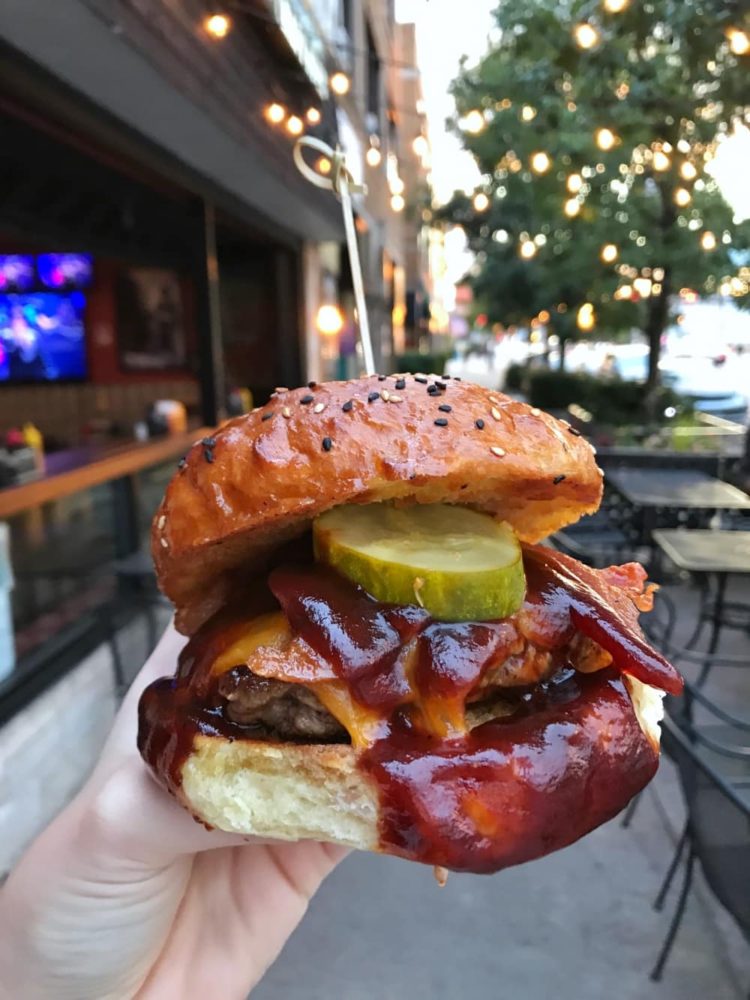 Easy Rider Burger: Smoked bacon, more bacon, cheddar cheese, homemade Sriracha pickles and bourbon bbq sauce from BRGRBELLY