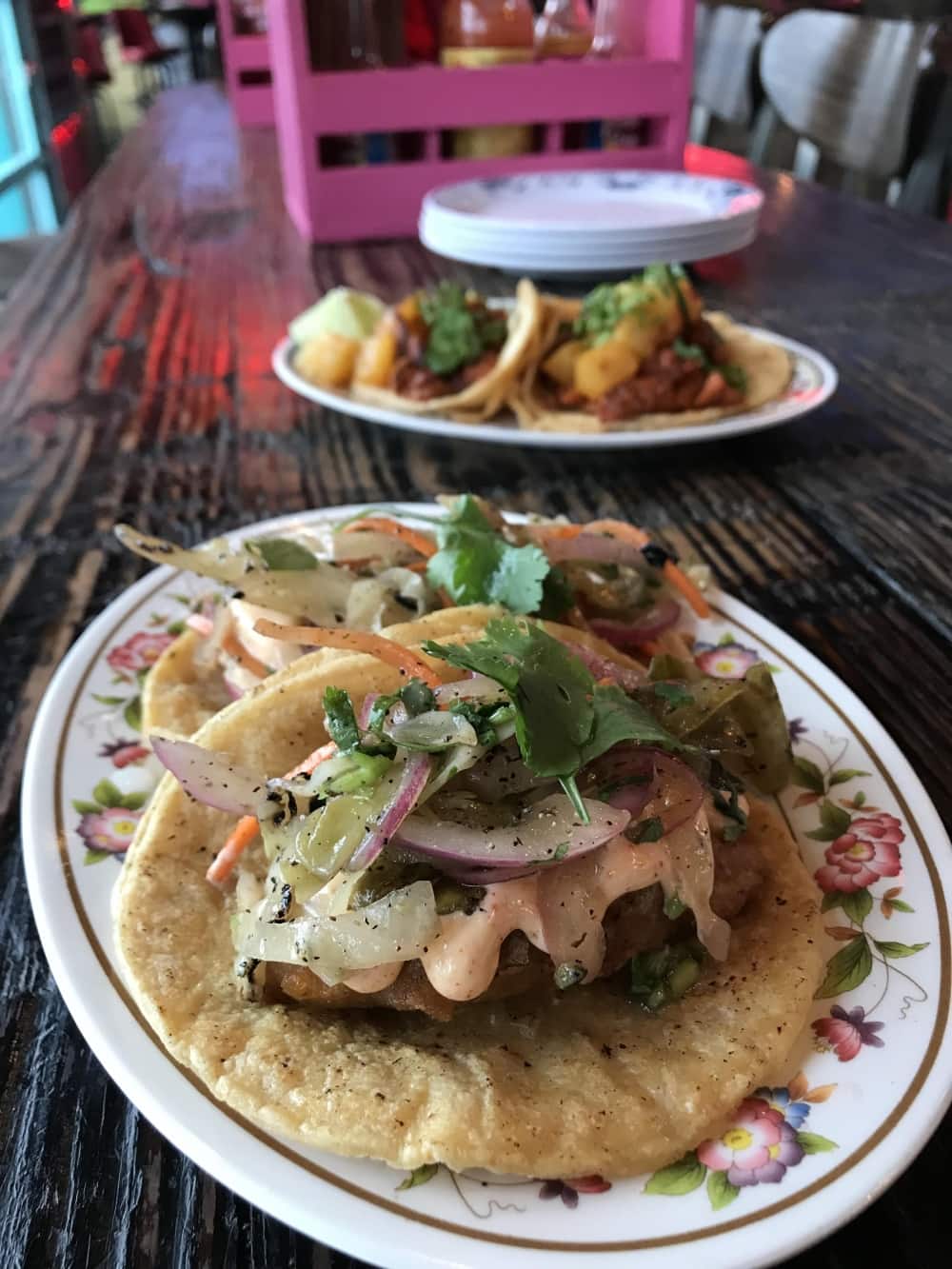 Fried Chicken Taco with Baja style beer battered chicken, smoked cabbage slaw, and ghost pepper mayo from Broken English Taco in Chicago, IL. 