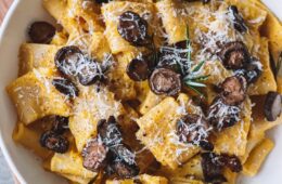 Butternut Squash and Roasted Garlic Pasta topped with Crispy Mushrooms