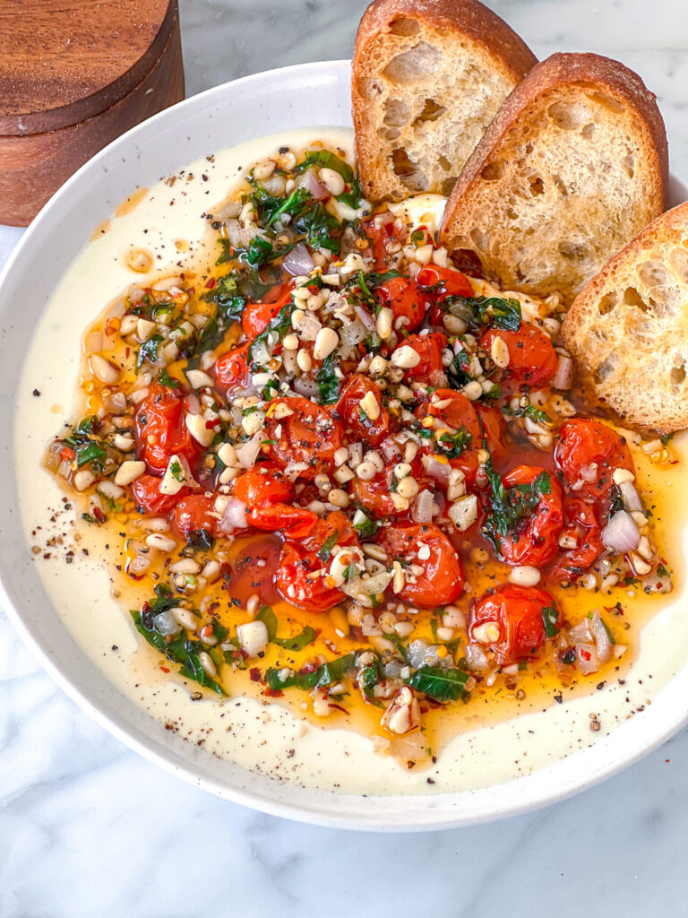 Whipped Feta Dip with Sizzling Shallot Oil & Roasted Tomatoes