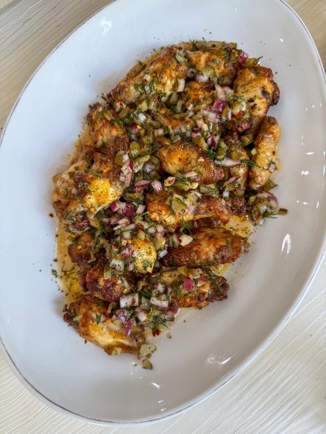 Dill Pickle Chicken Wings with Crunchy Dill Pickle Topping