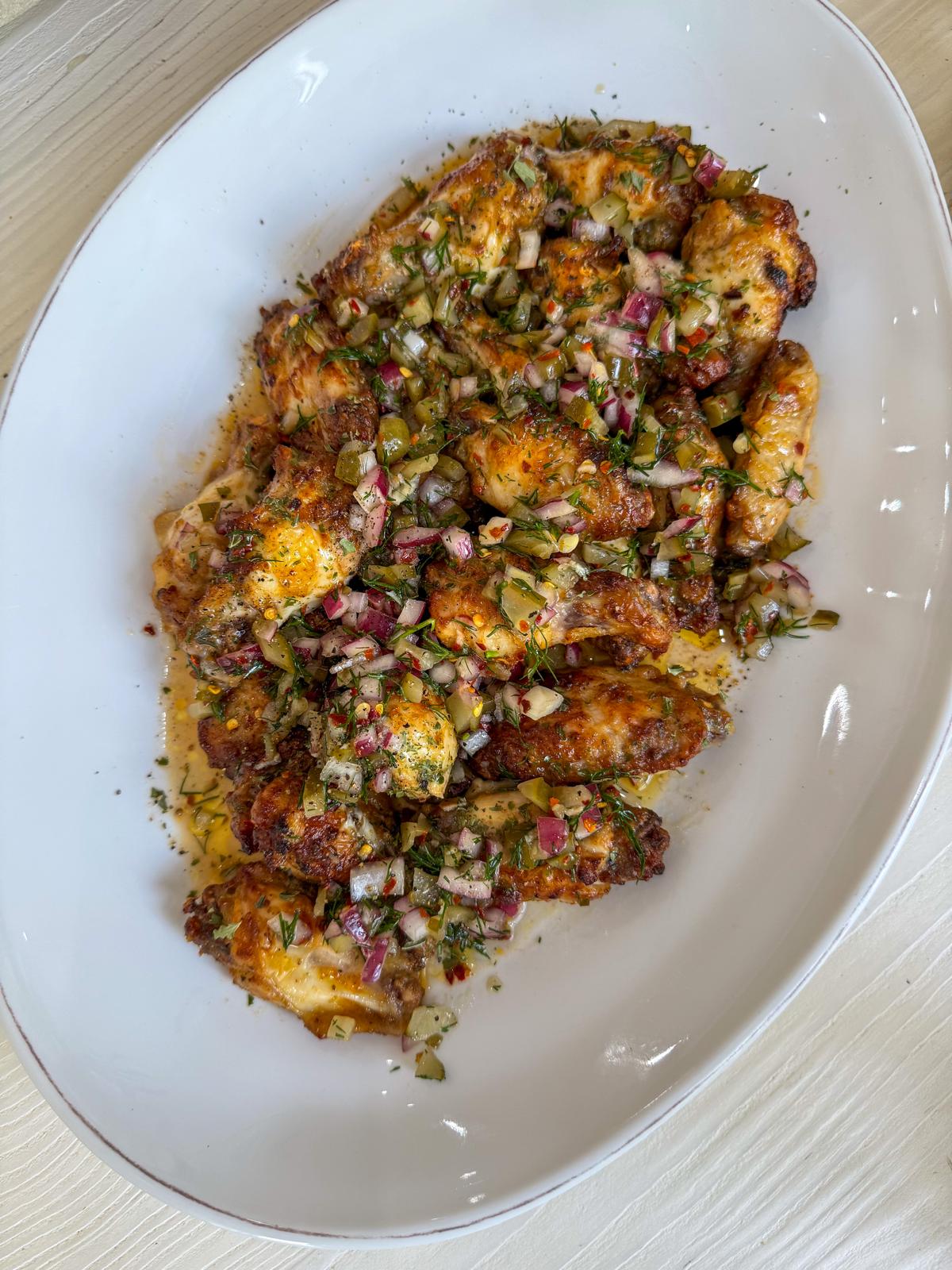 Dill Pickle Chicken Wings with Crunchy Dill Pickle Topping