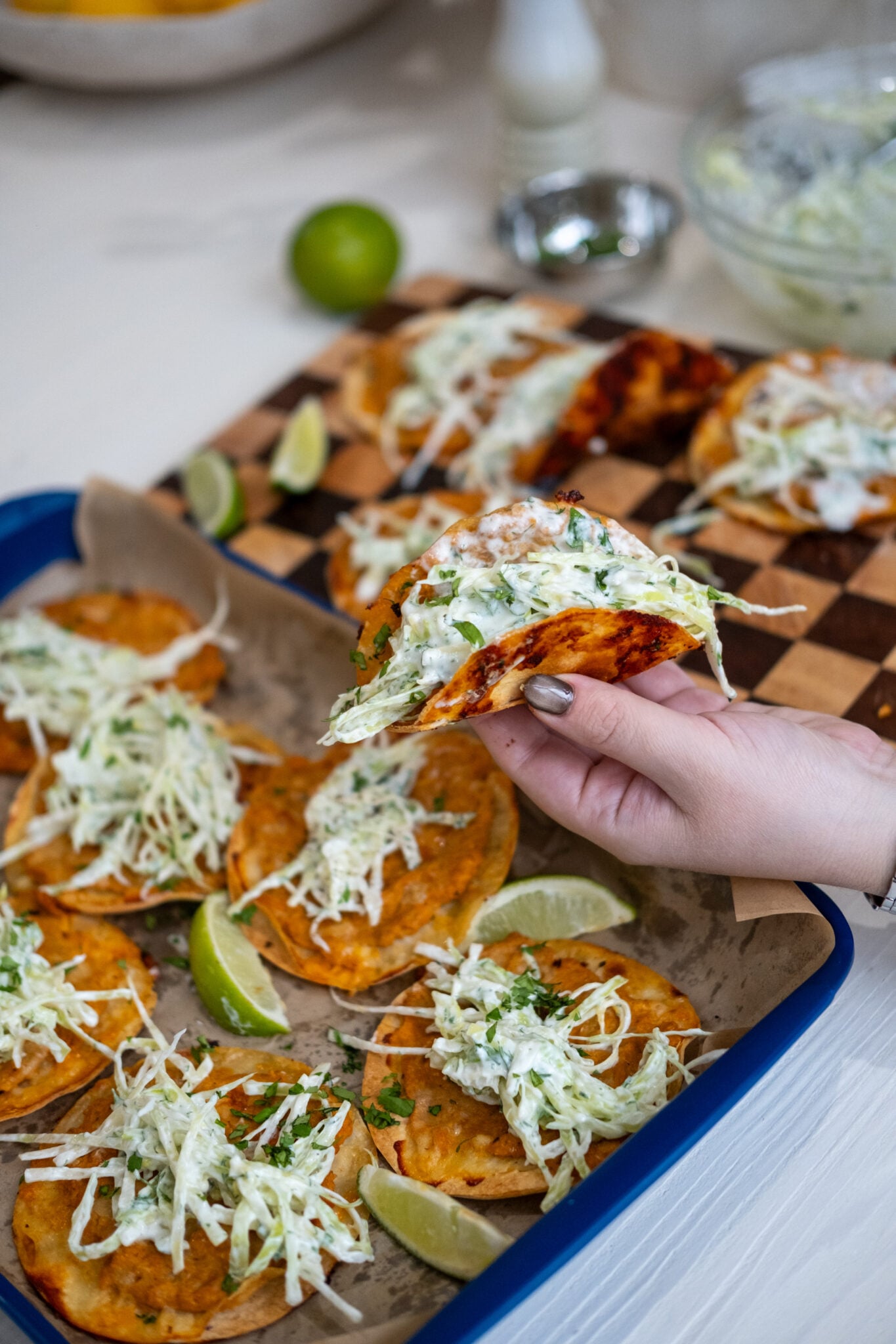 Smashed Buffalo Chicken Tacos with Ranch Slaw - Everything Delish