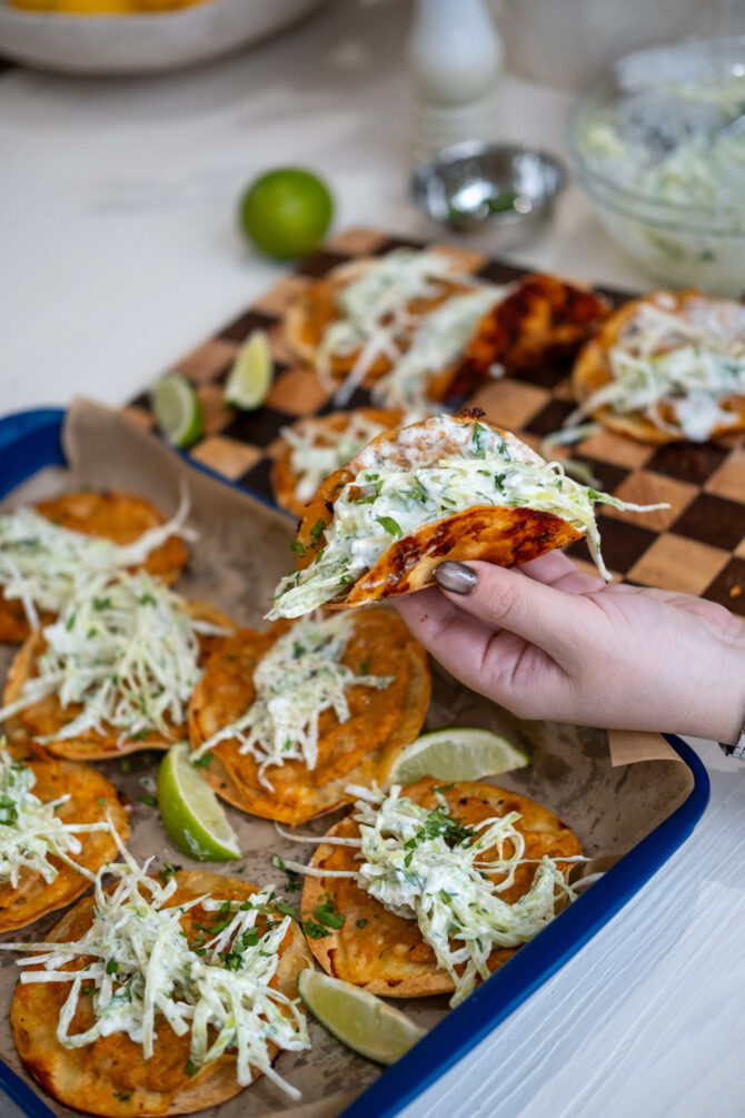 Smashed Buffalo Chicken Tacos with Ranch Slaw