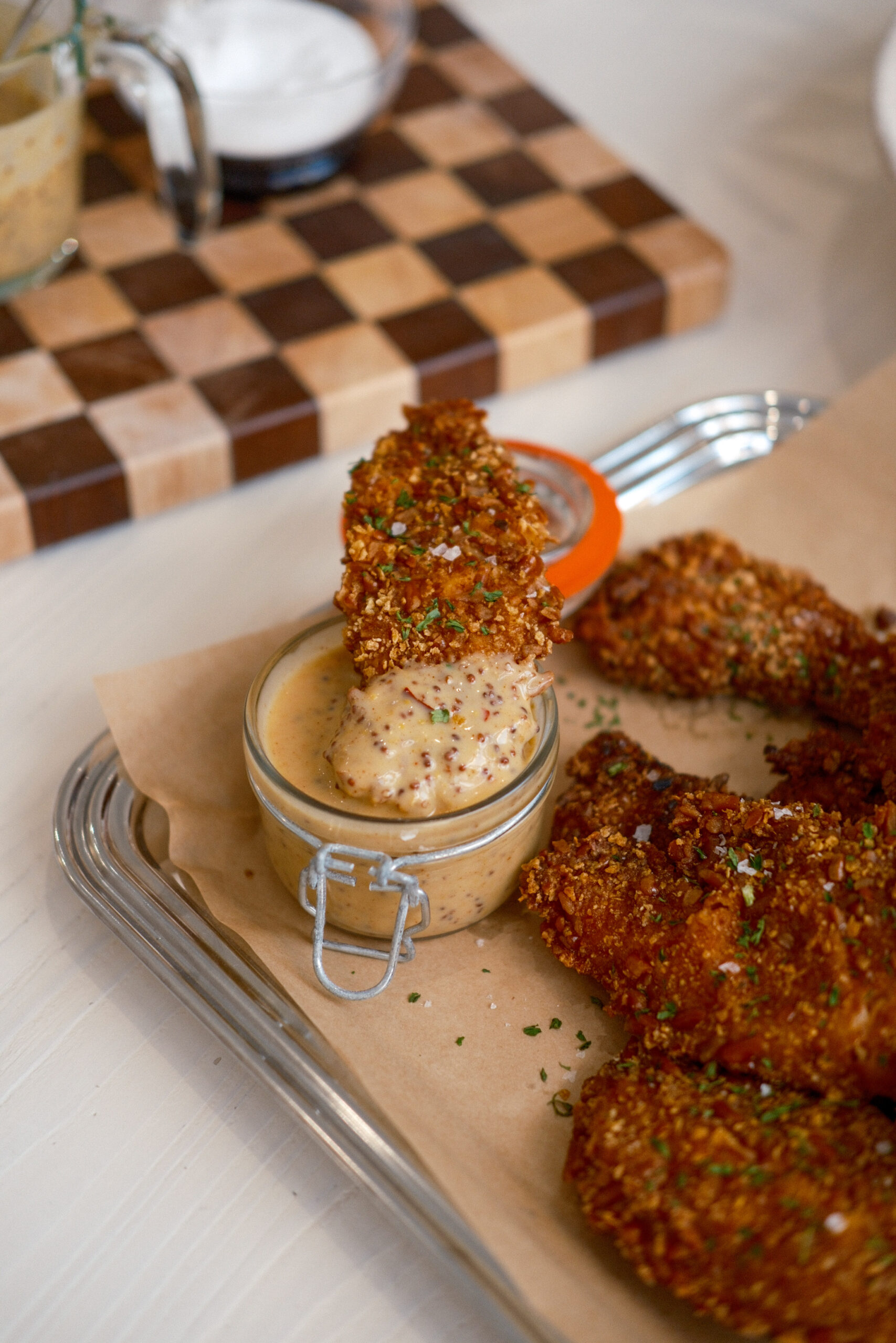 Pretzel-Cornflake Chicken Tenders with Hot Honey Mustard Sauce