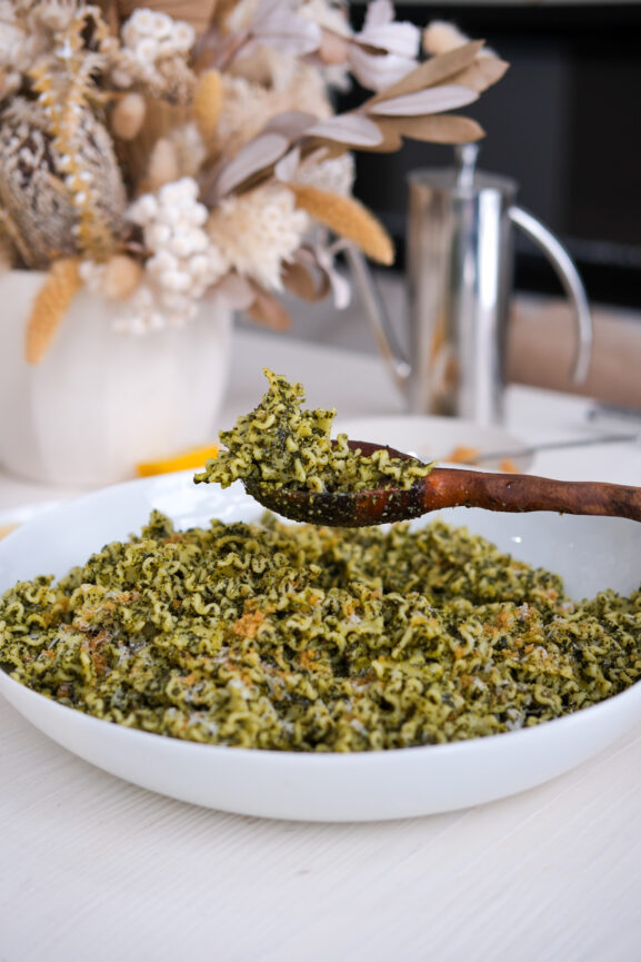 Black Kale Pesto Pasta with Golden Breadcrumbs