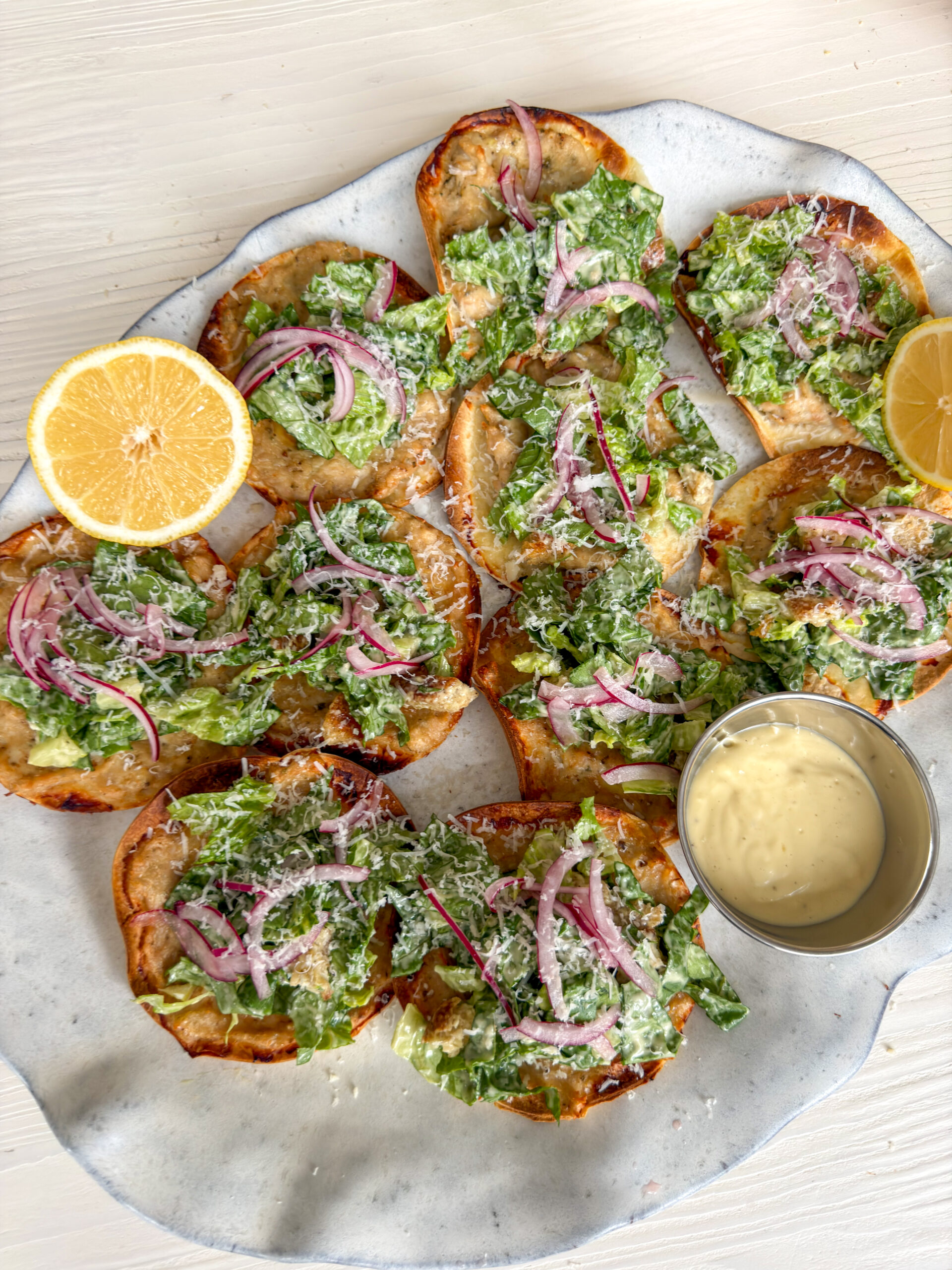 Smashed Caesar Salad Tacos with Pickled Red Onions
