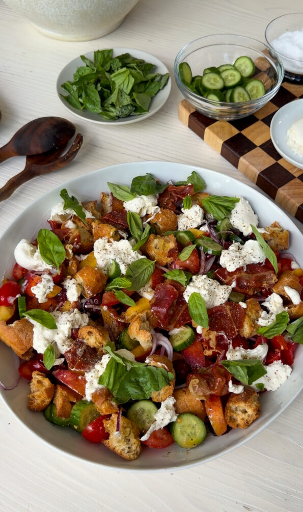 Cherry & Peach Panzanella Salad with Crispy Prosciutto & Burrata