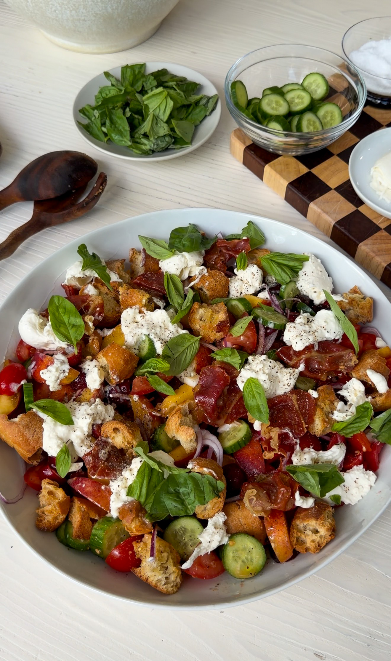 Cherry & Peach Panzanella Salad with Crispy Prosciutto & Burrata
