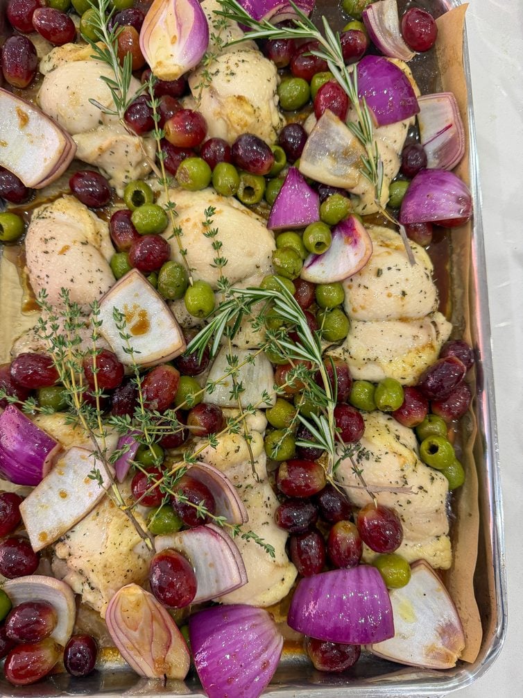 Sheet Pan Chicken with Roasted Grapes & Olives and Fennel & Date Salad