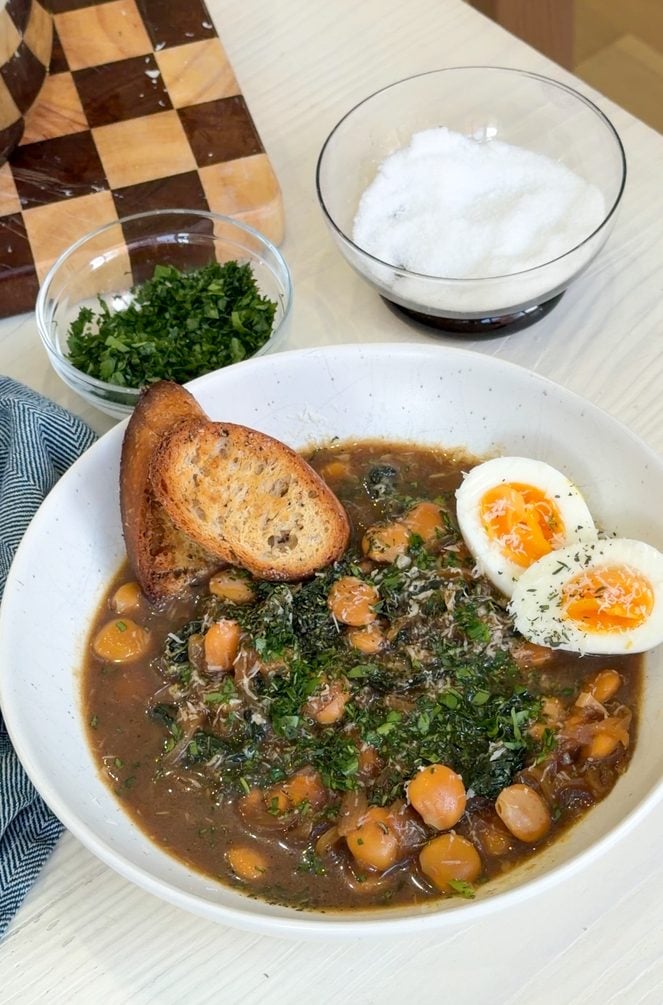 French Onion Miso Brothy Beans with Poached Eggs